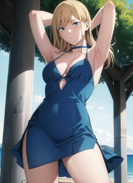 3978521237-3690578505-csm anime style,  1girl, arm behind head, arm up, armpits, blonde hair, blue dress, blue eyes, breasts, choker, cleavage, contra.png